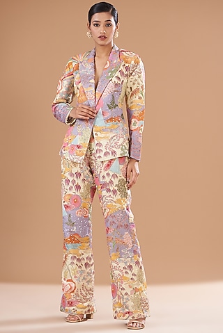 Ivory-Beige Kasab Satin Printed & Embellished Pant Suit Set by Aisha Rao